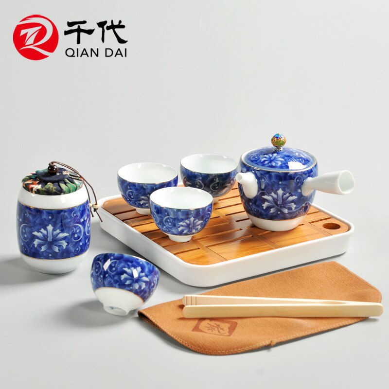 Chinese ceramic tea set storage combination blue color icing on the cake travel tea set set blue and white kung fu tea set holid