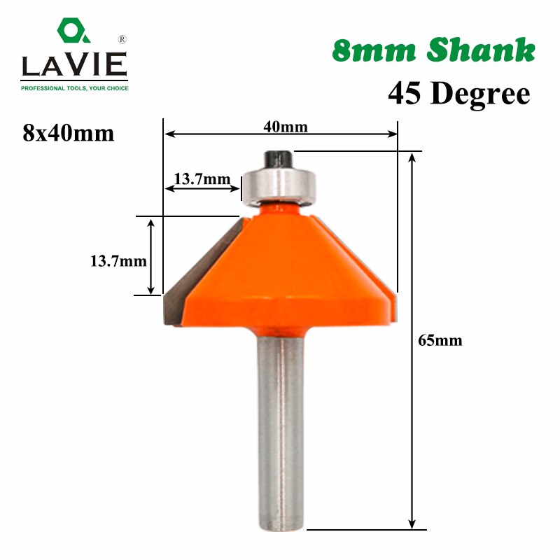 LA VIE 1pc 8mm Shank 45 Degree Chamfer Edge Forming Router Bit Bevel Flush Trim Bit Woodworking Milling Cutter Bits MC02021: 8x40mm