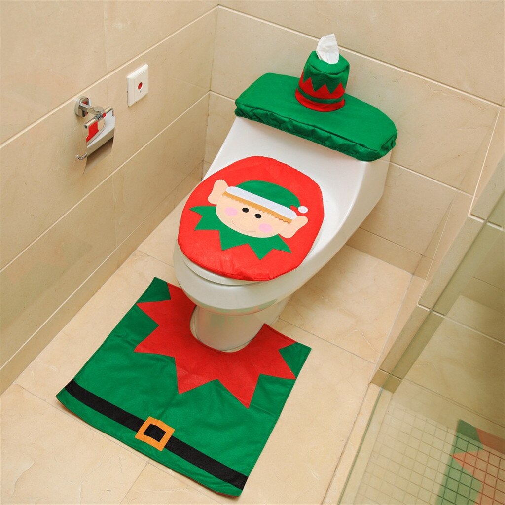 Juledekorationer 3 stk santa toiletsædeovertræk og tæppe badeværelsessæt juletoilet wc indretningstilbehør hjem