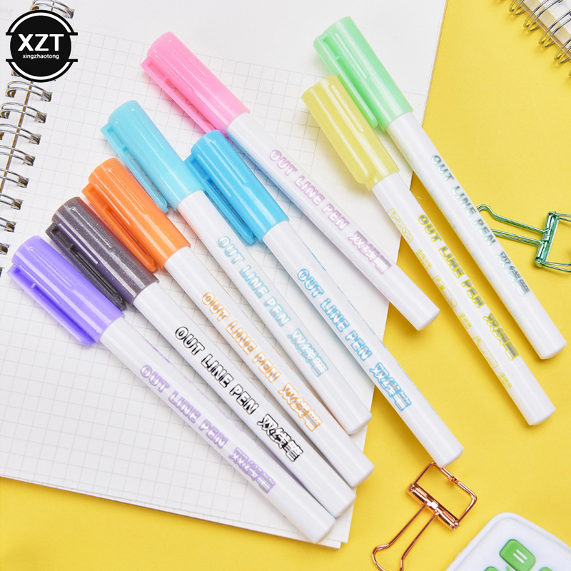 Colorful Highlighter Pen Writing Drawing Double Line mildliner Outline Pen Fluorescent Markers Letter Album Card Pen stationery