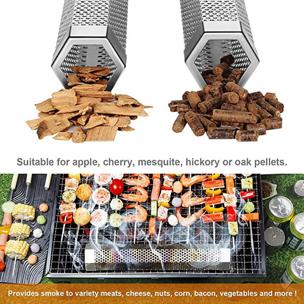 1x hexagon/firkantet bbq rustfrit stål perforeret mesh ryger pille rør rør udendørs madlavning grill grill røg filter