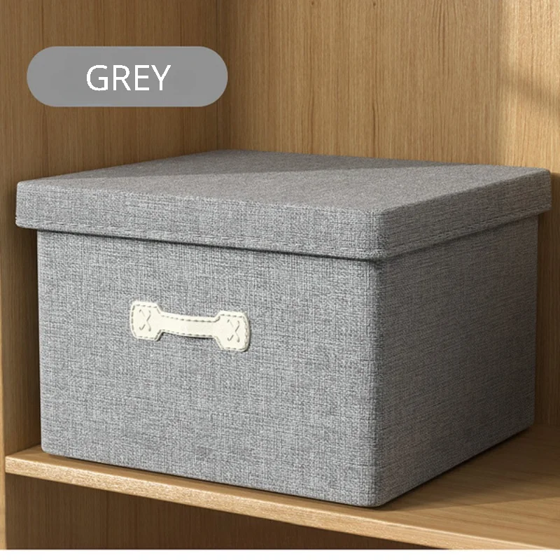 Cotton Linen Folding Storage Box with Lid Closet Drawer Clothes Books Toys Sundries Quilts Organizer Laundry Basket for Wardrobe: L / green
