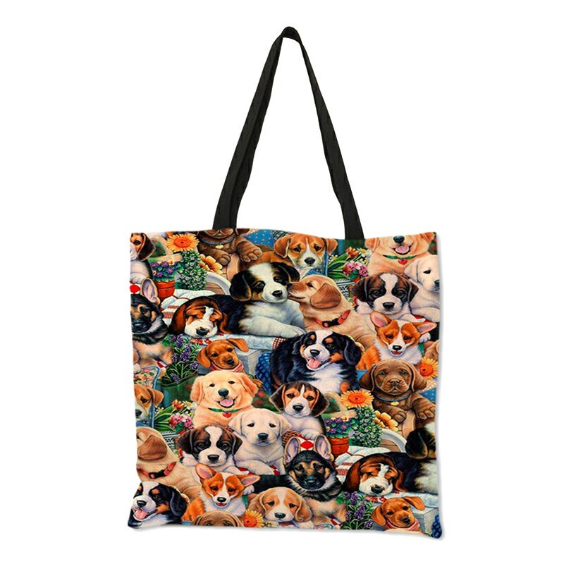 Duurzaam Linnen Praktische Winkelen Handtas 3D Kat Golden Retriever Patroon Schoudertassen Vrouwelijke Strand Tote Bag Bolsas Feminina