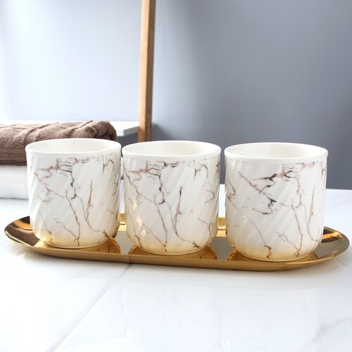 Ceramics 270ml Brushing Cup Simple Style Mouthwash Cup Marble Thread Lotion Bottle Separate Press-type Empty Bottle Couple Suit: I