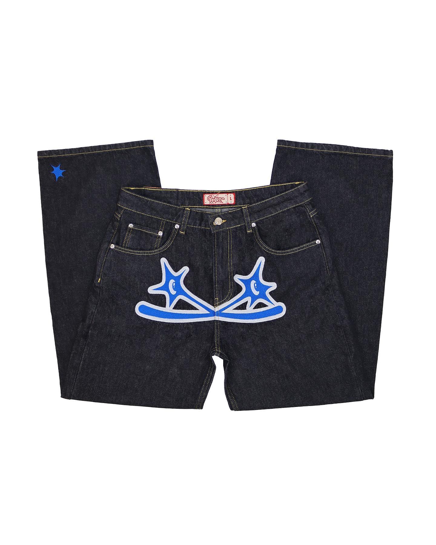 Y2K vende nuevos pantalones vaqueros bordados retro hip-hop americanos Harajuku Rock gótico pantalones sueltos de pierna ancha ropa de calle para hombres y mujeres: S / Azul cielo