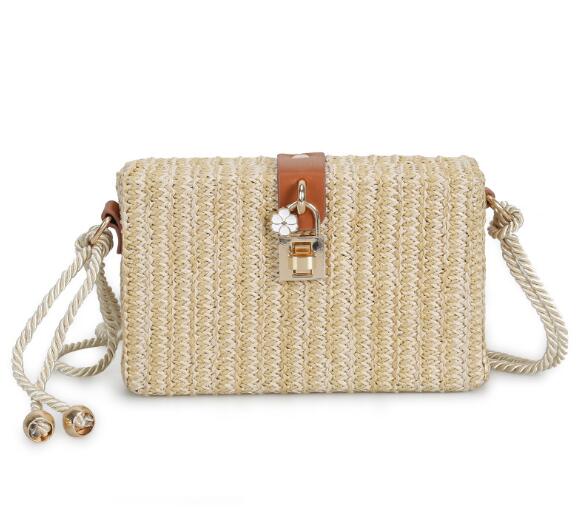 Mini box stroh tasche frauen tragen sommer rattan handtasche woven strand kreuz körper tasche weiblichen schloss handtasche mit blumen: Rice white