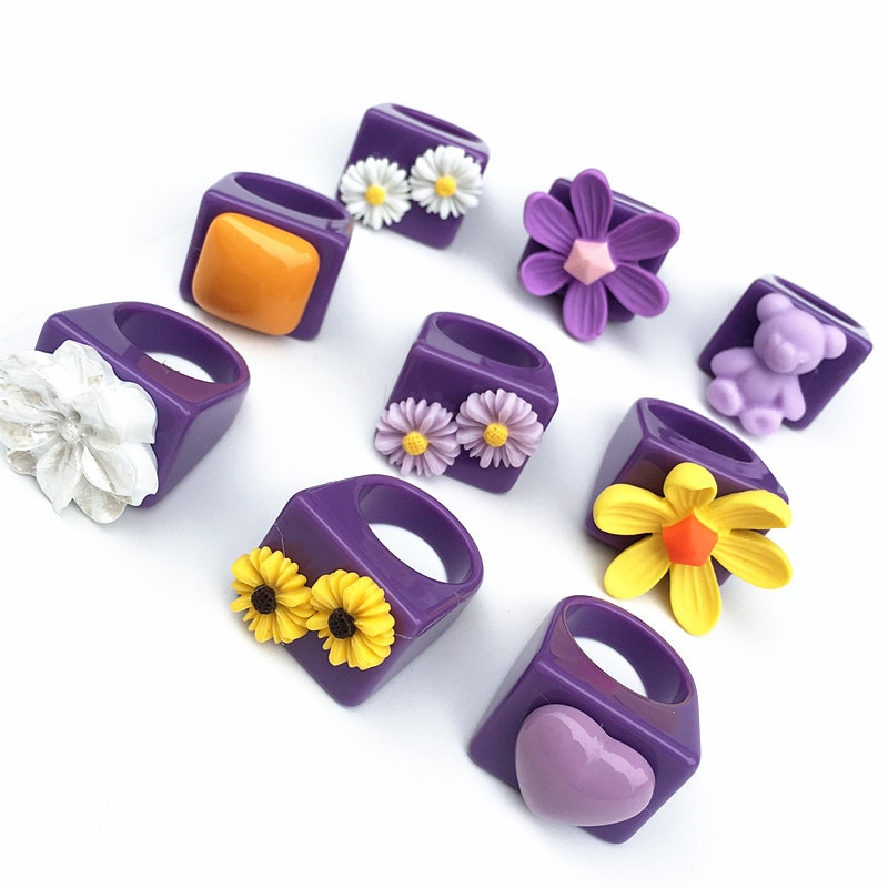 Koreansk farverig tusindfryd blomst hjerte rund bjørn geometrisk firkantet chunky ringe til kvinder lilla akryl harpiks ringe smykker
