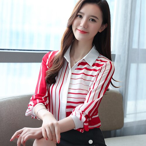 Femal Slanke Shirts Gestreepte Shirts Vrouwen Herfst Koreaanse Vrouwen Volledige Mouwen Turn-Down Kraag Chiffon Blouses 6108 50: Rood / L