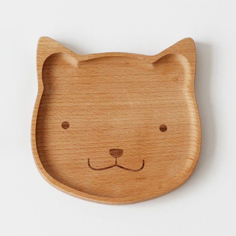 Animal Shaped Solid Wood Dinner Plate Cartoon Tray Children&#39;s Feeding Set Cutlery Wooden Plate Dessert Plate: Cat