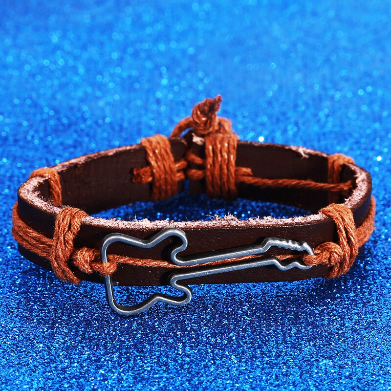Modieuze Gitaar Vorm Charm Weave Pu Lederen Heren Armbanden Voor Vrouwen Homme Femme Mannelijke Sieraden: Light Brown