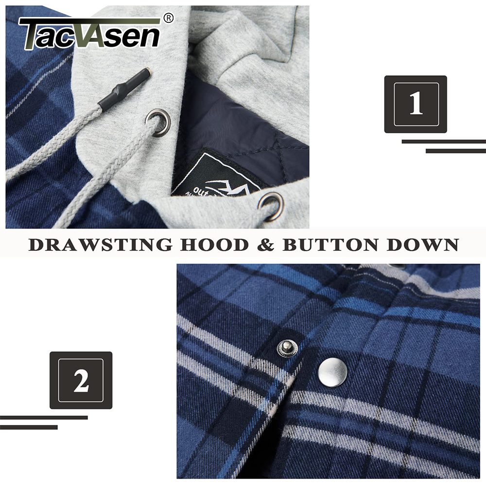 TACVASEN Men's Flannel Shirt Jackets with Hood Long Sleeve Quilted Lined Plaid Coats Thick Warm Winter Casual Hoodie Outerwear