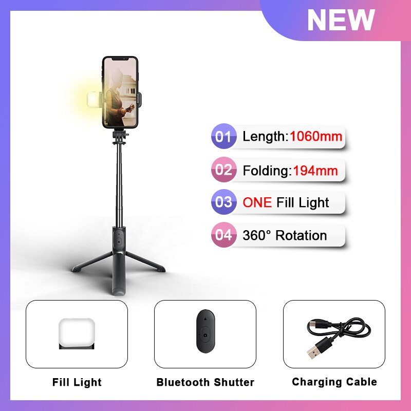 Selfie Stick Plus Tripod Stand With Light And Remote Bluetooth Click