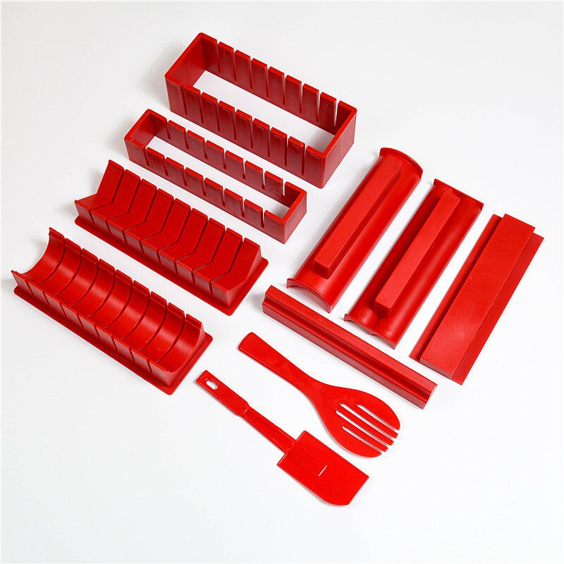 Ustensile de cuisine pour Sushi rapide, rouleau de riz, moule, outils pour rouler la viande végétale, Kit de fabrication de Bento Onigiri Nori, ensemble de cuisson: 10-piece  red