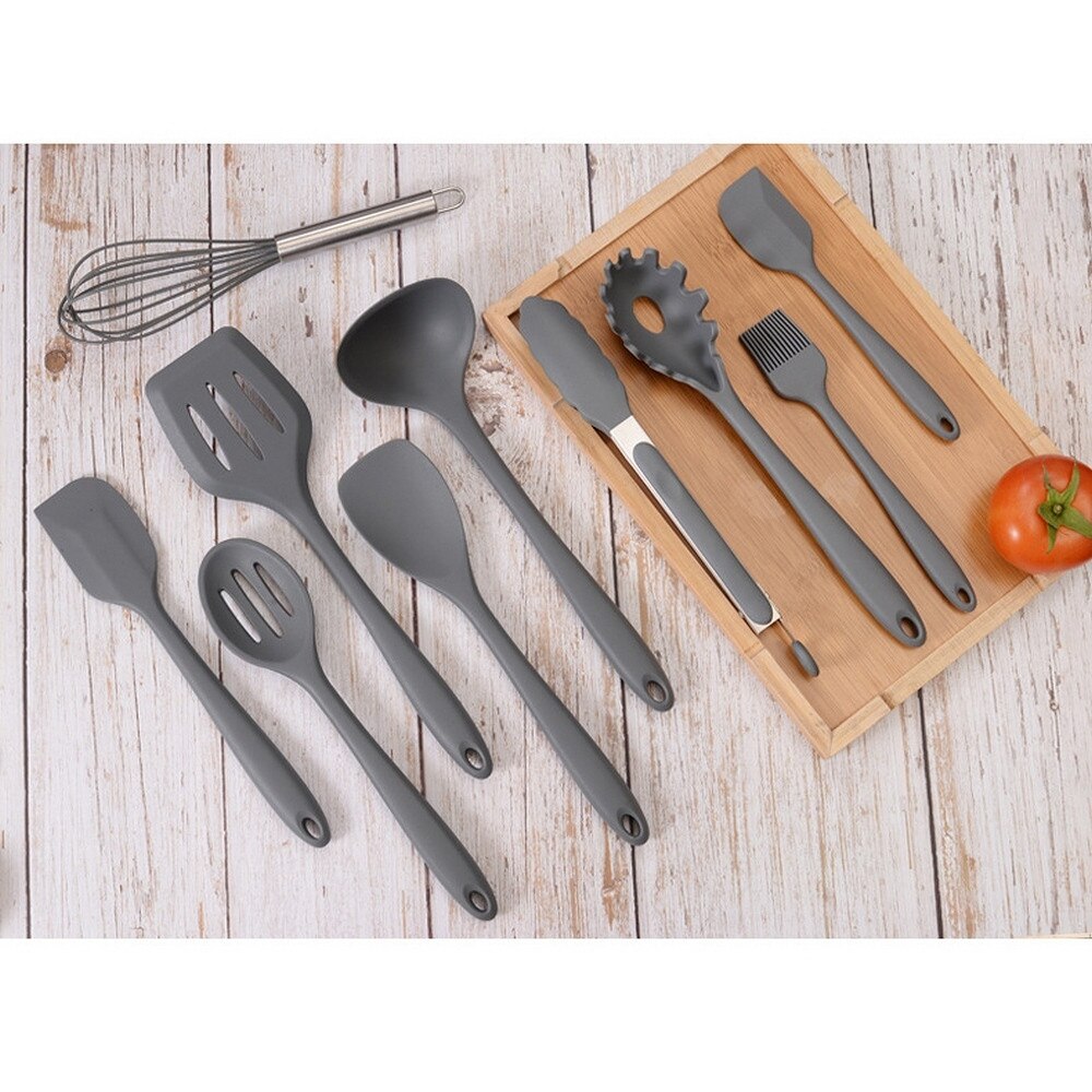 10 Pcs Kitchen Utensil Set Gray Silicone Cooking Utensils Non-stick Spatula Wooden Handle with Storage Box Kitchen Safety Tools