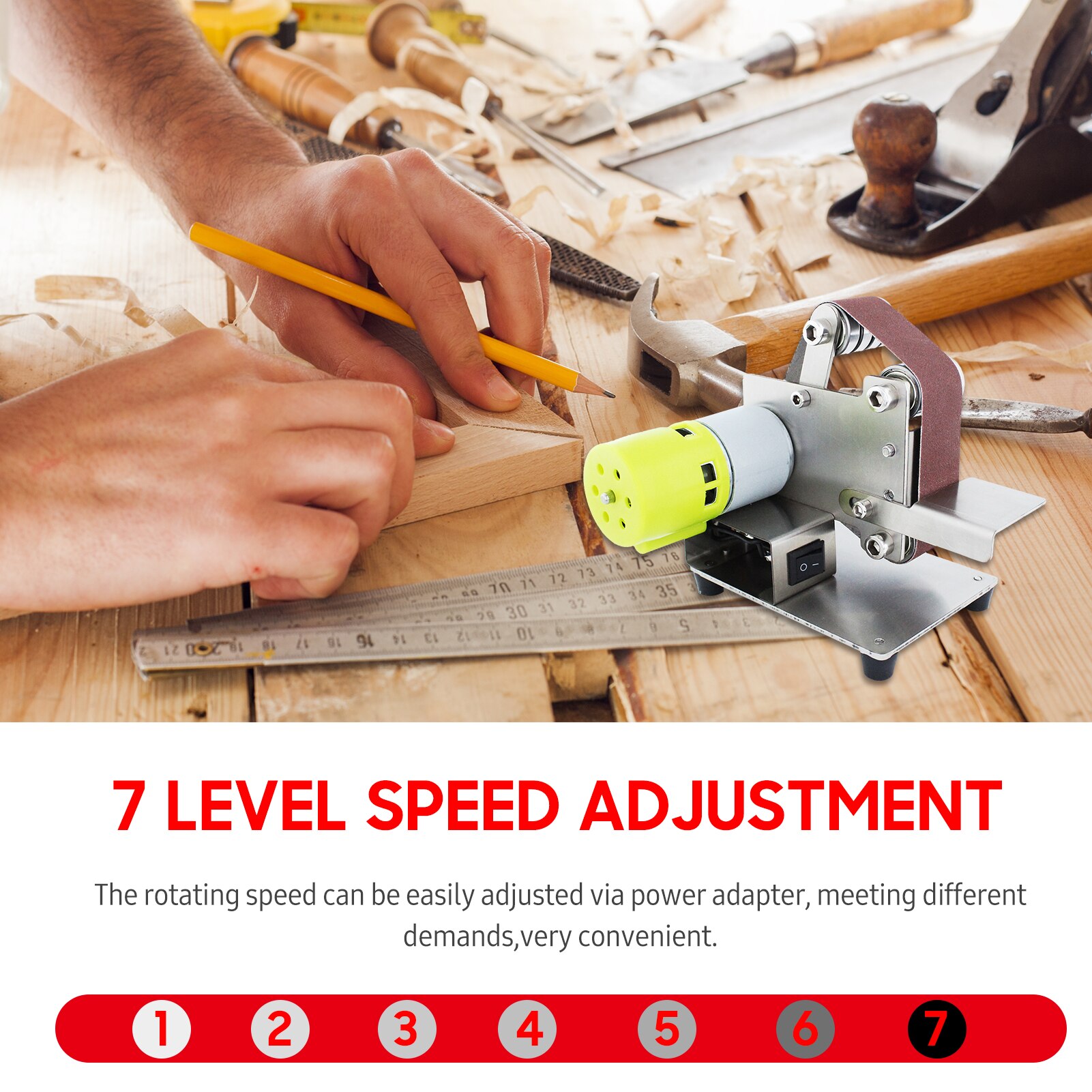 Mini Belt Sander Electric Sanding Polishing Grinding Machine 7 Variable Speed with 10 Sanding Belts Polishing Wood Acrylic Metal