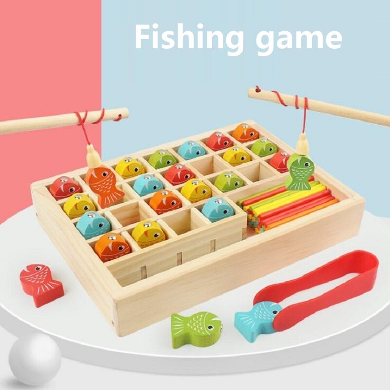 Gioco di pesca del Giocattolo impostato con scatola di legno | con l'apprendimento di conteggio | Comprende 25 di Pesce e 2 Da Pesca Canne Da Pesca | regalo sicuro per I Bambini
