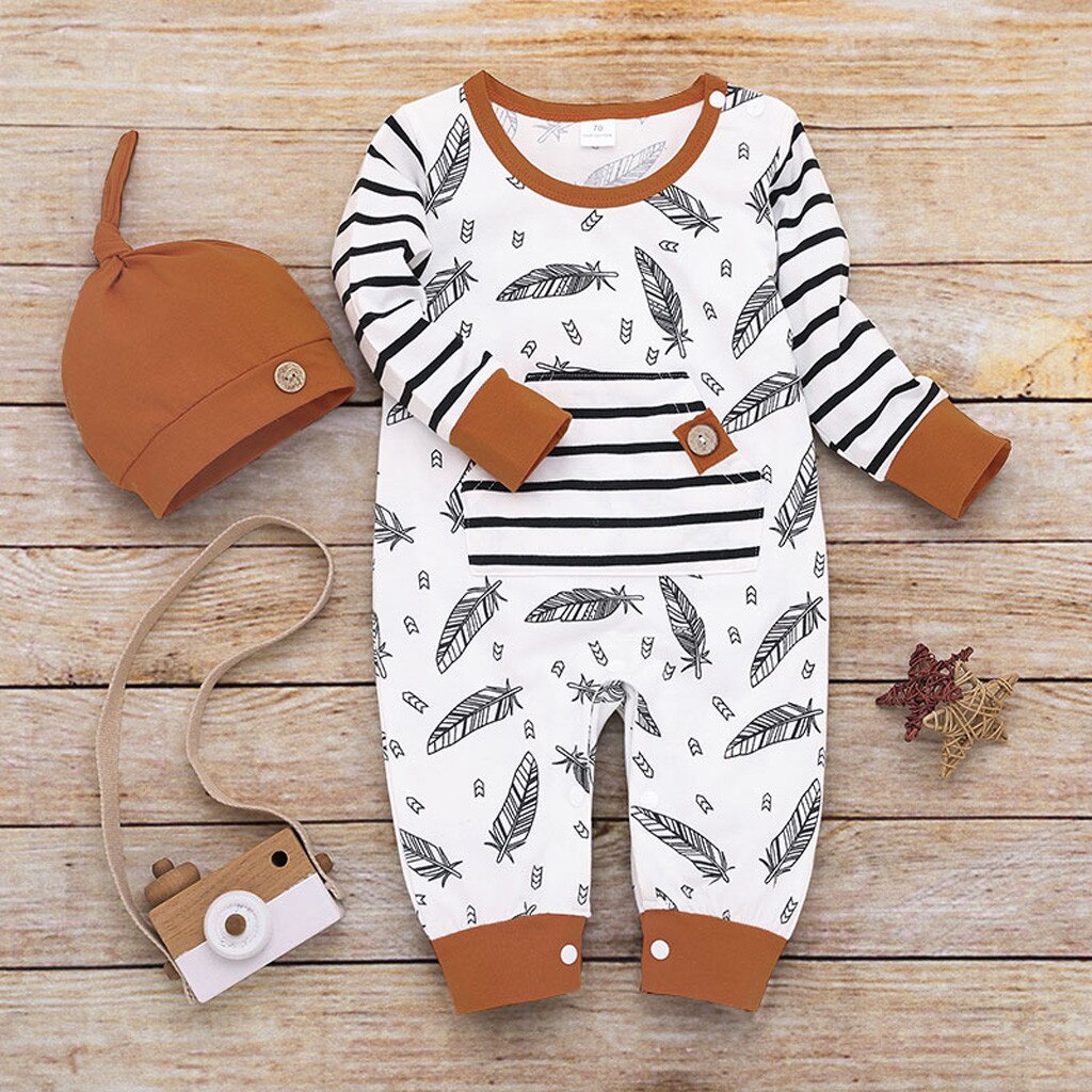 Infant Baby Girl Boy Feather Striped Romper Jumpsuit With Pocket Clotheswith Keep Warm Hat Set Long Sleeved Romper