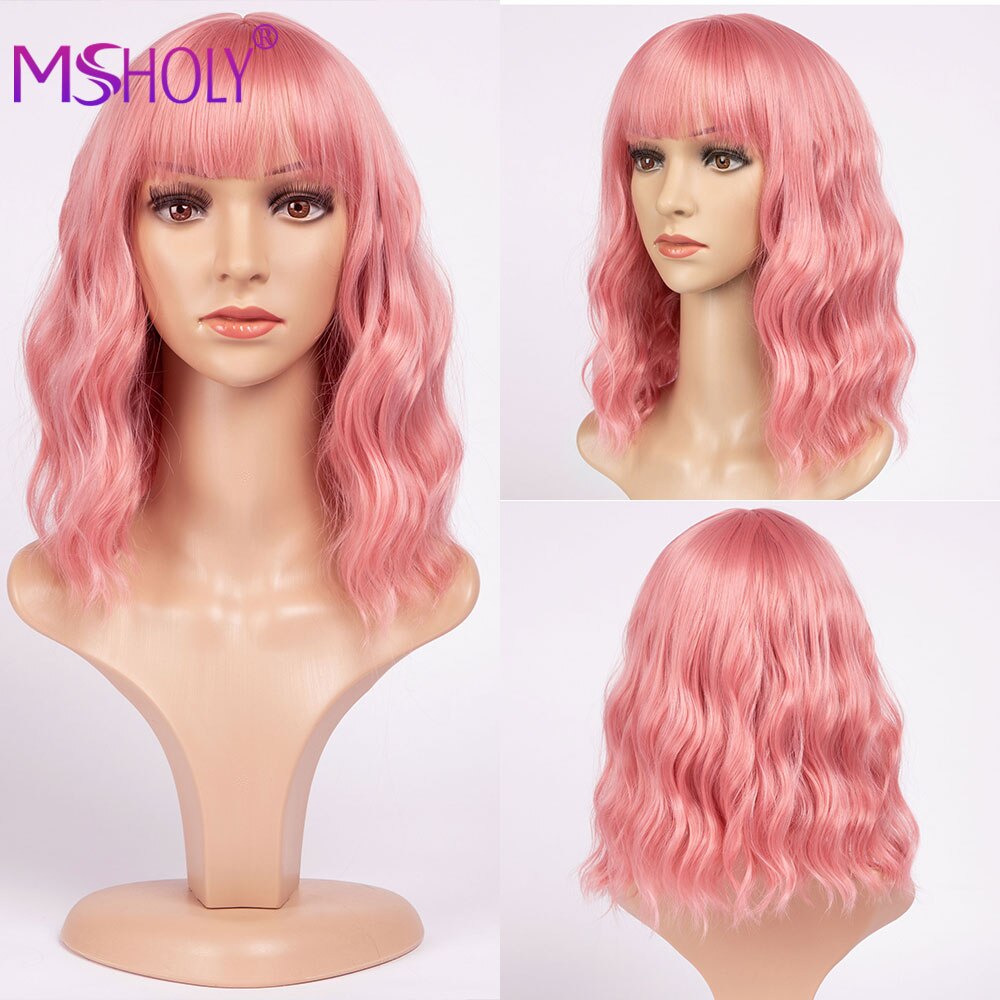 Roze Golvend Pruik Met Pony Korte Bob Pruik Krullend Golvend Bob Synthetisch Rood Blonde Groen Paars Pruiken Hoge Temperatuur Cosplay pruik Msholy