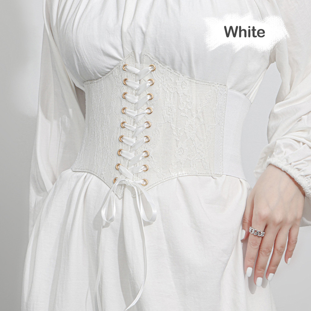 Corsé de cintura a la para mujer, cinturón transparente de encaje ancho femenino con lazo tejido, adelgazante banda Retro, cinturones para el cuerpo, faja para vestido: White