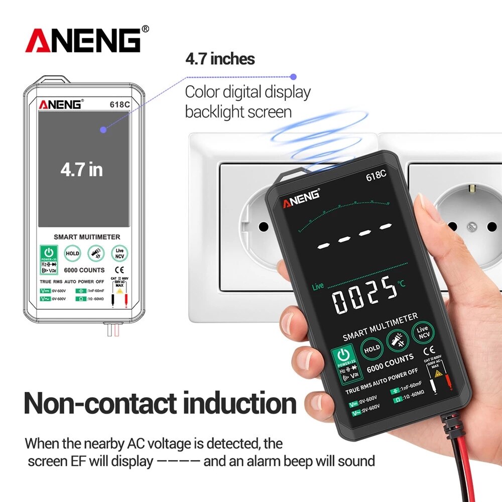 Aneng 618C Smart Touch Digitale Multimeter Professionele Transistor Condensator Ncv Testers Meter Dc Analoge Bar True Rms Auto Tester