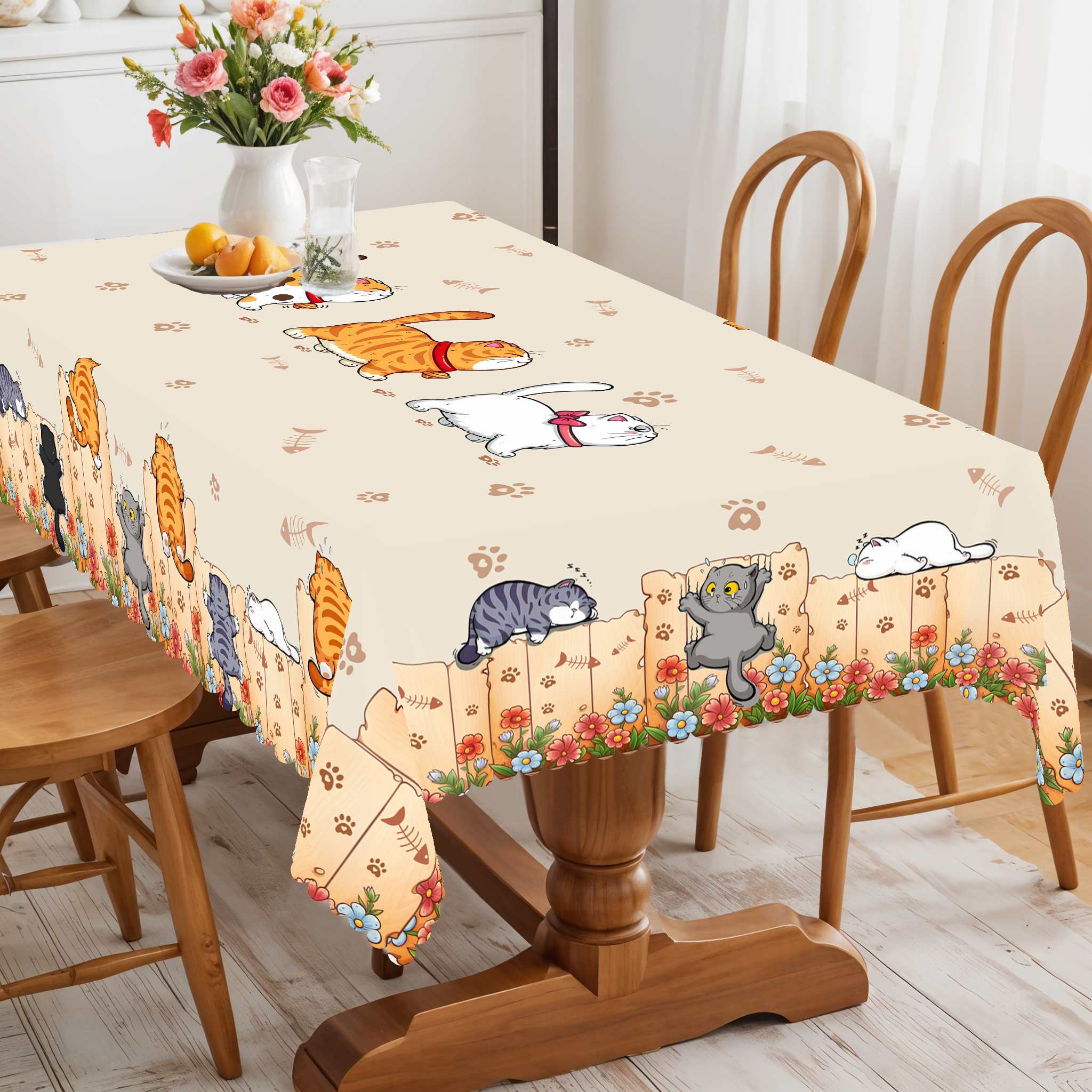 1 Piece, Cute Wall-Climbing Cat Theme Pattern Tablecloth + 4 Self-Adhesive Stickers, Floral Fence and Cat Print Pattern, Embossed Edges, Suitable for Home Kitchen, Living Room Dining Table, Balcony Coffee Table, Party Table Decoration Tablecloth, Outdoor Picnic Courtyard Decoration, Coffee Table Desktop Decoration Tablecloth Table Cover, Perfect , Spring, Summer, Autumn and Winter Decoration-M027