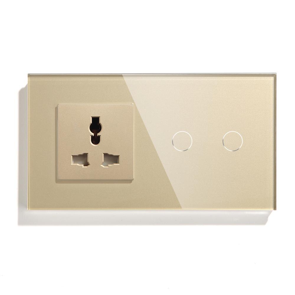 BSEED EU Touch Switch 2 Gang 1 Way 2 Way Wall Switch 157mm With Multifunction Socket Crystal Glass Panel White Black Gloden