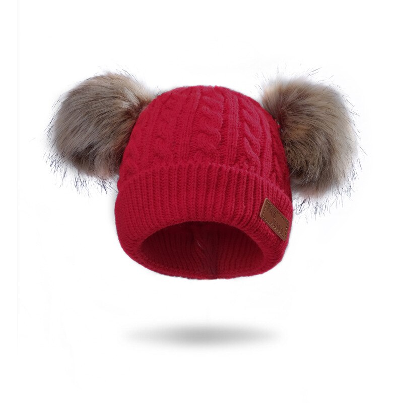 Pompom Fur Baby Knitted Beanie Hats Solid Color Baby Bonnet Hat Child Winter Boy Girl Thicken Warm Cap: Claret