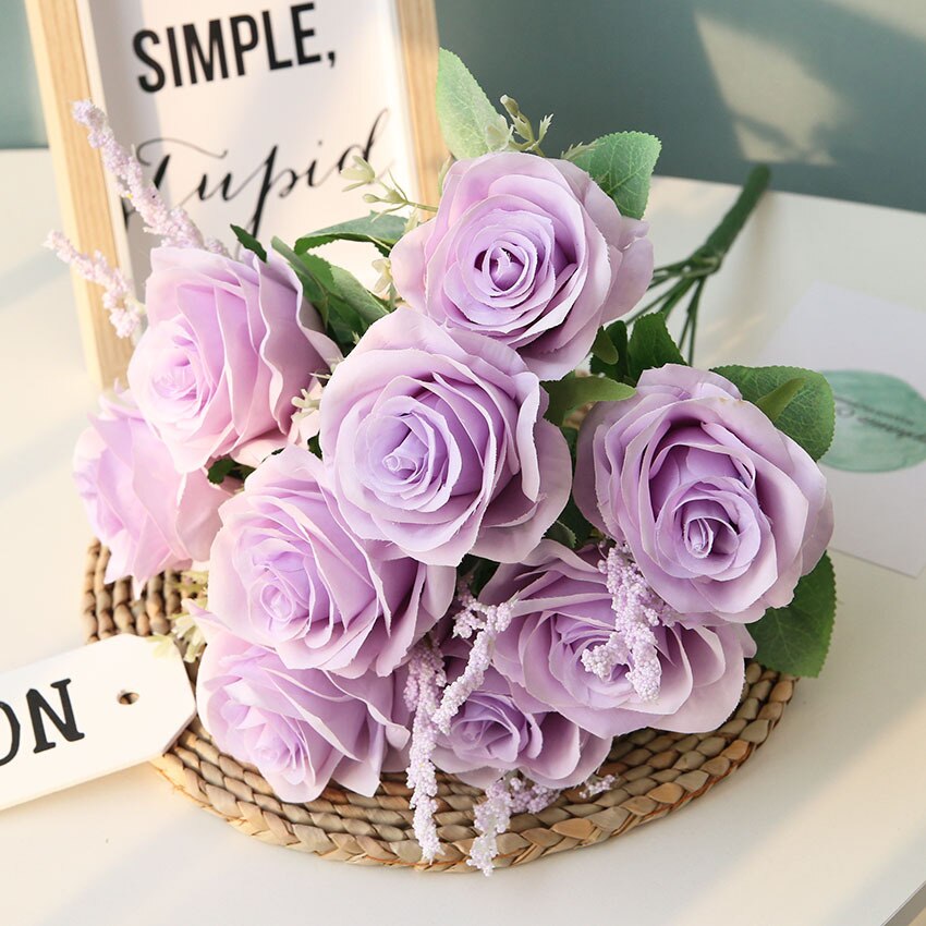Ramo de rosas artificiales de seda púrpura, arreglo de flores de simulación para de boda, hogar, jardín, sala de estar, decoración de escritorio