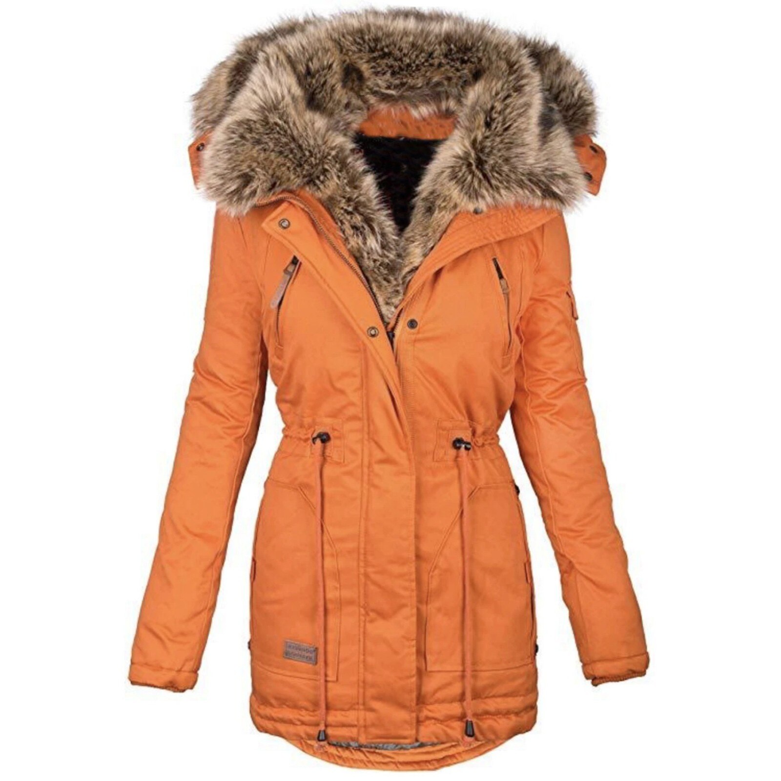 Manteau rembourré en coton à capuche pour femme, vêtement d'extérieur à manches longues, couleur unie, collection hiver: Orange / L