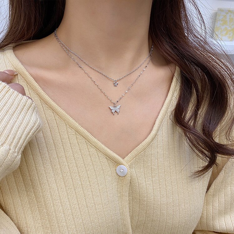 Auflistung doppelt Schicht Schmetterling Halskette Bohemien Legierung Anhänger Frauen's Schmuck Reisen Denkmal