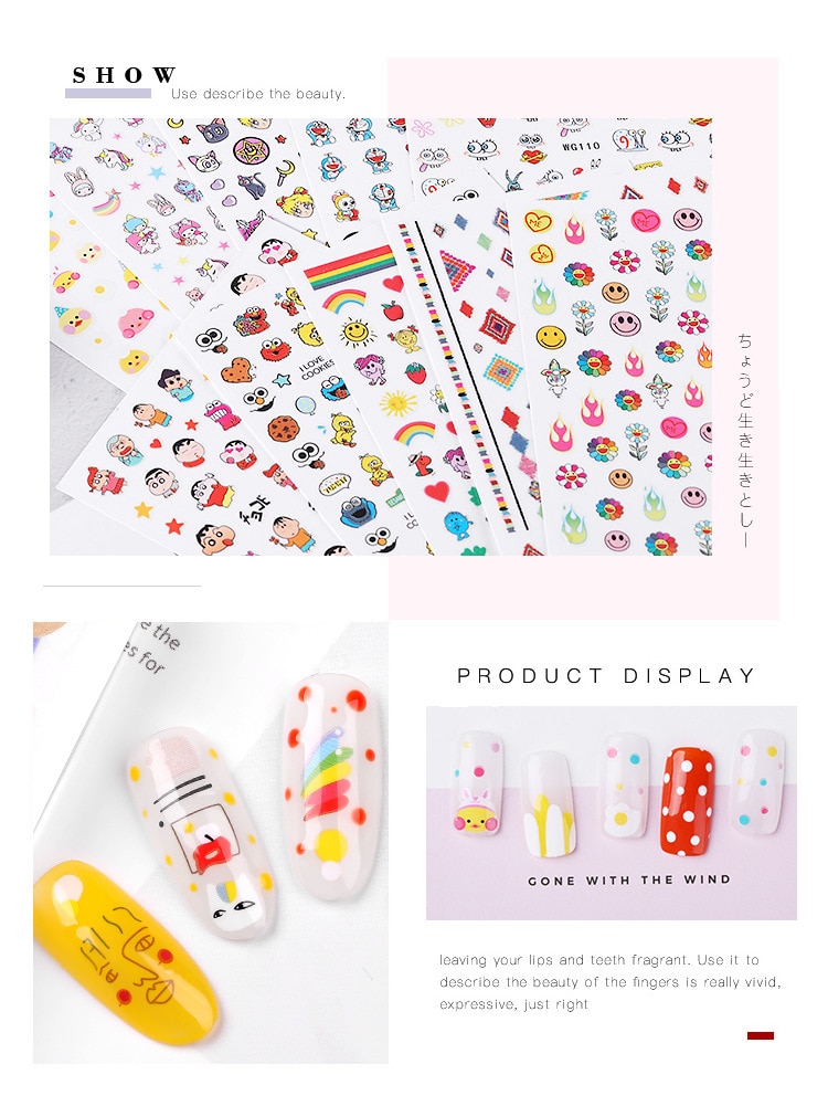 2020 nye! 3d klistermærker blandede børn negle klistermærker blomst tegneserie frugt klistermærke til børn nail art værktøj manicure tilbehør