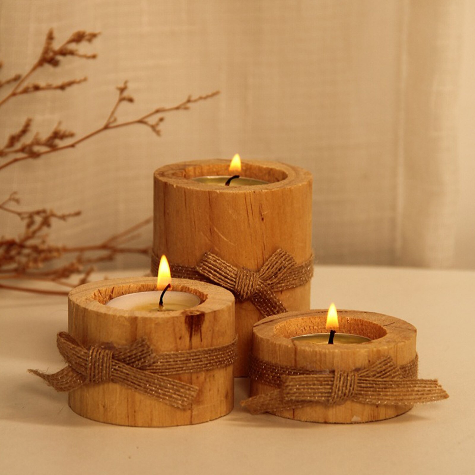 3pcs Natural Pine Wood Candle Holder Wooden Tea Light Candle Holders Succulent Planter for for Wedding Party Birthday Decoration