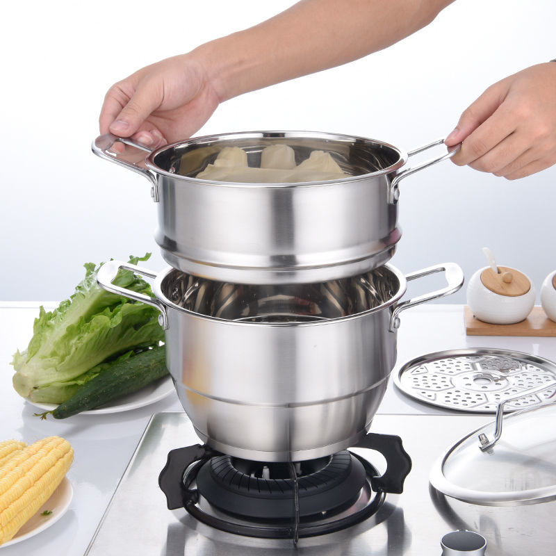 Stainless Steel Pot Small Steamer Double Thickening Cooking Dual-use Pot One or Two Layer Soup Pot Stew Pot Steamer Pot Bamboo