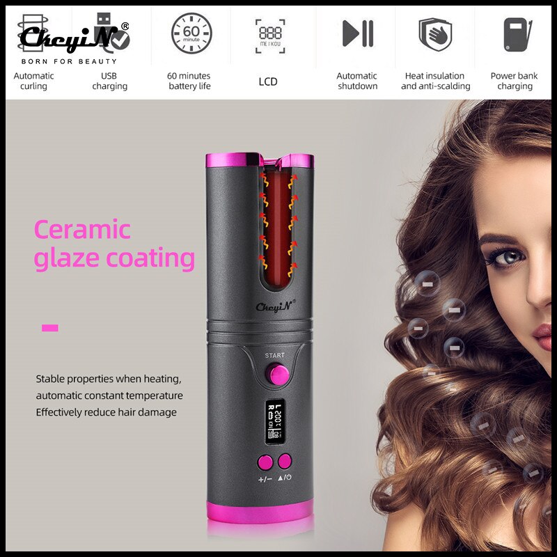 USB Rechargeable Auto Ceramic Curling Iron Waver Hair Curler LED Display Curling roller Wave Automatic Rotating hair Styling