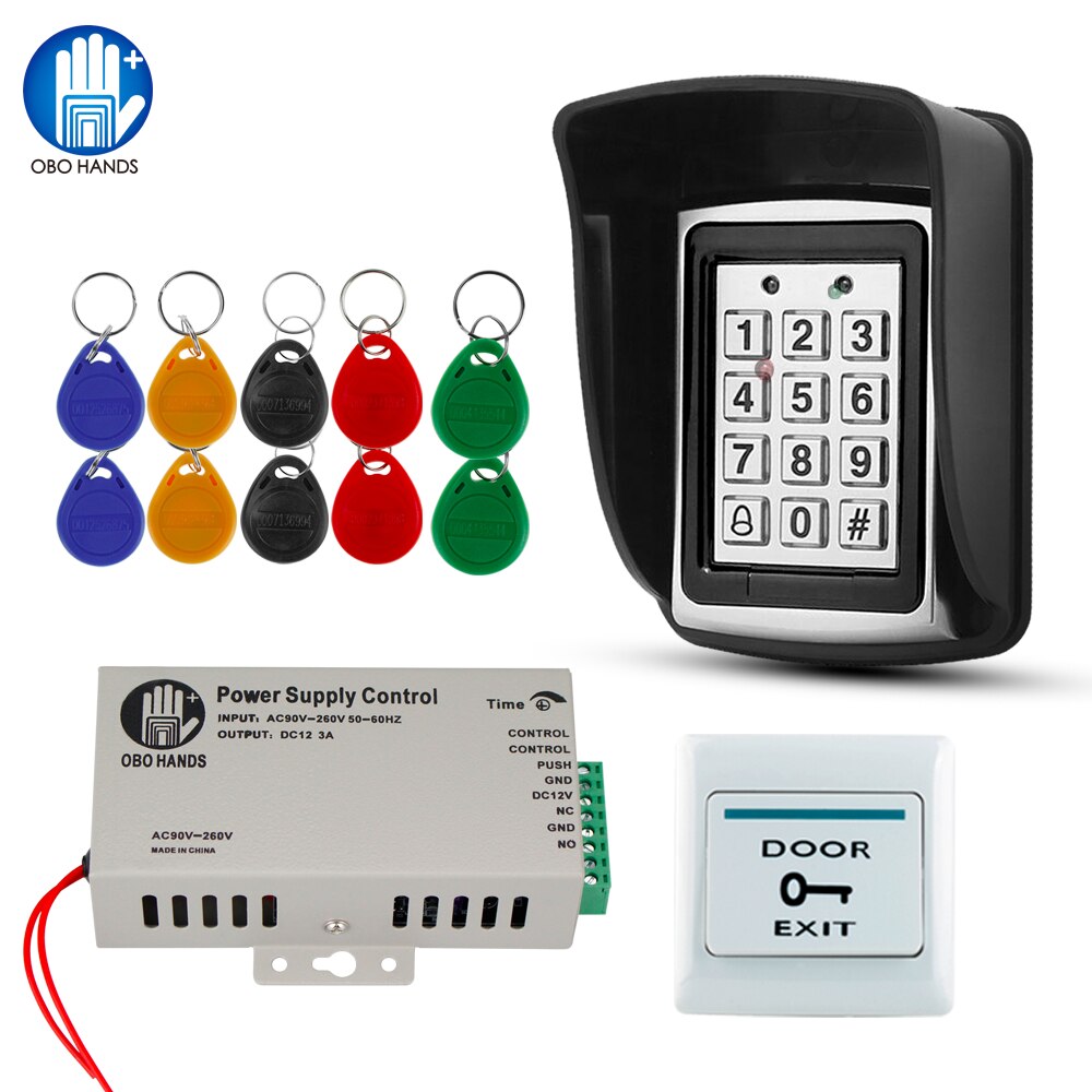 Full Waterproof Outdoor Access Control Kit Set RFID Metal Keyboard + DC12V Power Supply Controller + 10pcs 125KHz RFID Keyfobs