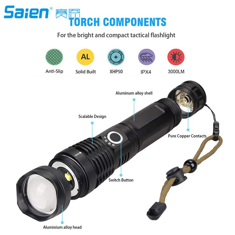 LED Flashlight High Lumens Brightest Light with XHP-50 LED, USB Rechargeable Flashlight with Power Indicator Zoomable Flashlight