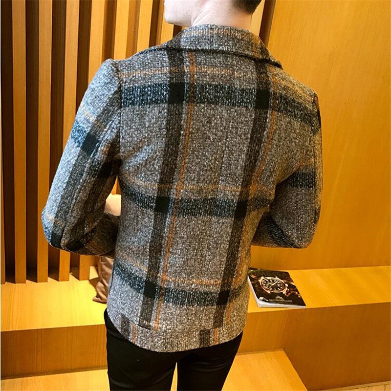 Mannen Wollen Jas Winter Double Breasted Windjack Mode Retro Tartan Jassen Man Slim Fit Korte Jas Geul 5xl