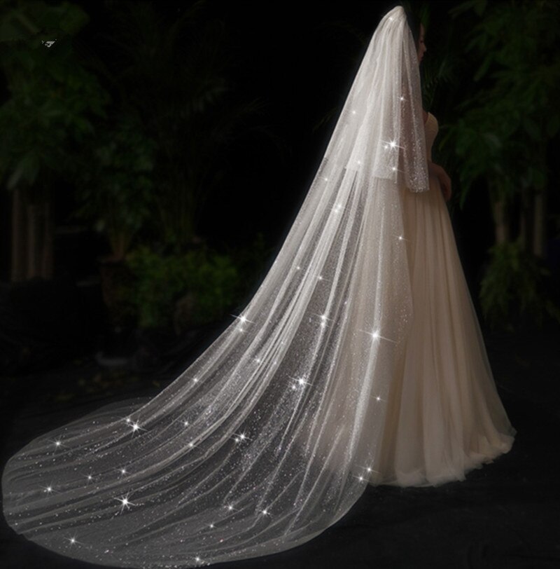 Velo de novia ostentoso, colorete, largo, brillante, con perlas, blanco, champán, catedral, borde de cinta, velos de 2 capas