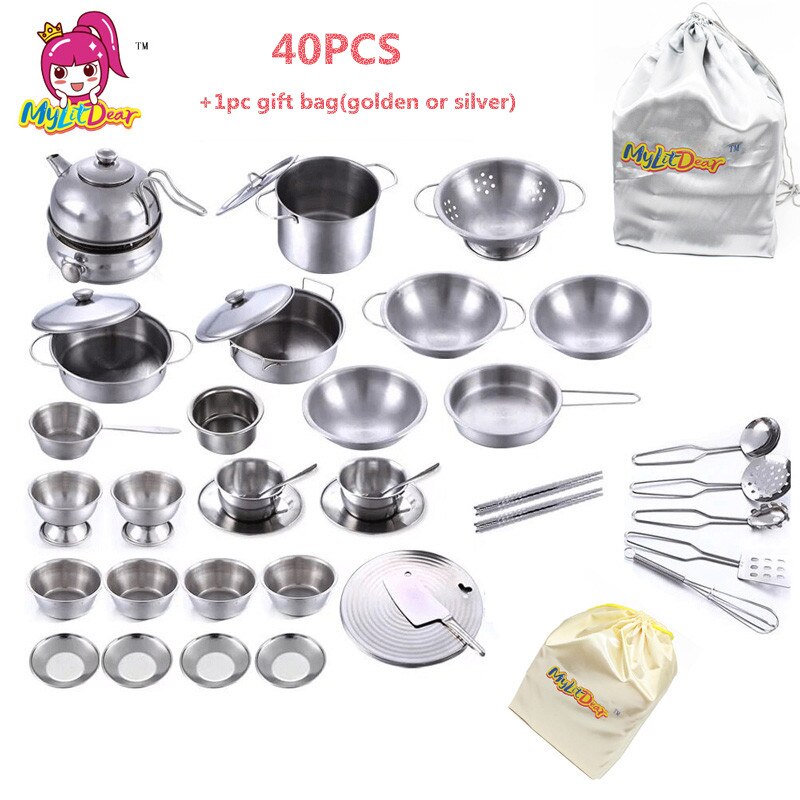 40 pz in Acciaio Inox Da Cucina Utensili Da Cucina Pentole Padelle di Cibo Regalo mini Cucina cucinare Strumenti Casa del Gioco di Simulazione Giocattoli Regalo borsa: 40pezzi con gift borsa