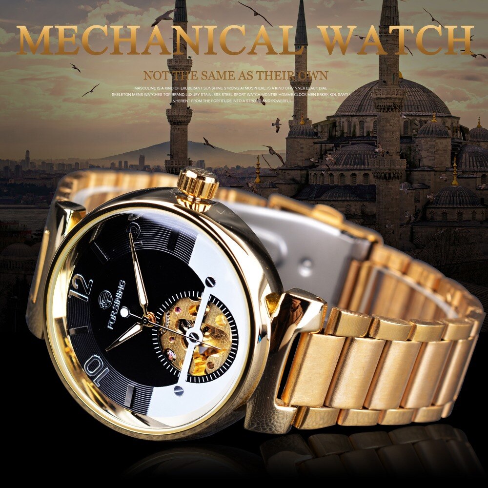 Forsining Creatieve Horloge Golden Rvs heren Horloge Topmerk Luxe Automatische Skelet Polshorloge Lichtgevende Klok