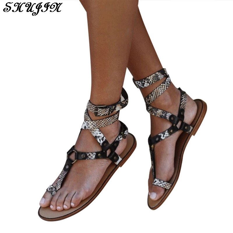 Rome schoenen dames open teen sandalen dames kruisband gesp gladiator sandalen platte slangenpatroon casual dames sandalen