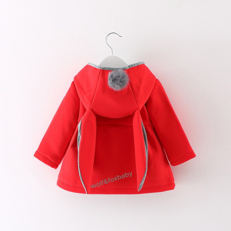 Retail 0-3 years coat cartoon Rabbit Ear Hooded solid color full-sleeves Warm cute kids children spring autumn fall winter: Red / 18M