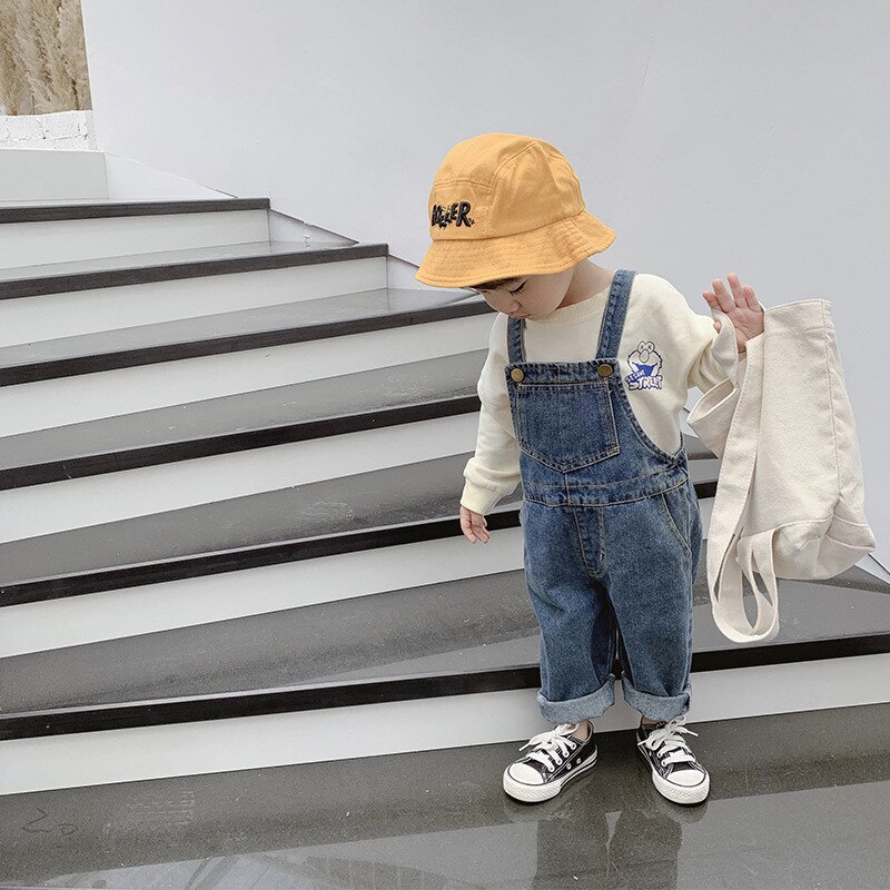 Spring Autumn Korean style baby boys denim loose overalls cute girl kids casual all-match suspender trousers bib pants