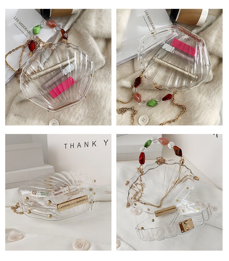 Bolso de mano de de plástico transparente con forma de concha para mujer, bandolera de boda, bolso de hombro con cadena