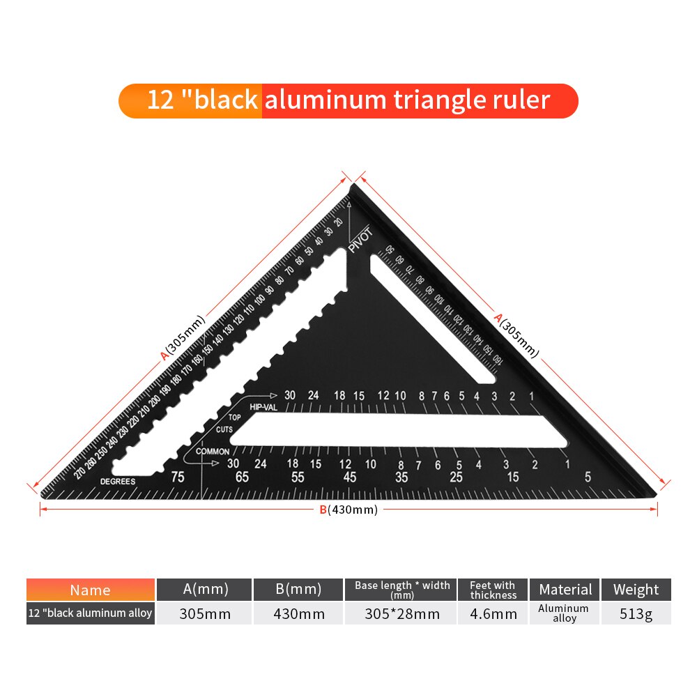 Onkel .j 7/12 tommer trekant vinkel vinkelmåler aluminiumslegering hastighed firkantet målelineal tømrer måleværktøj: 12 tommer legering