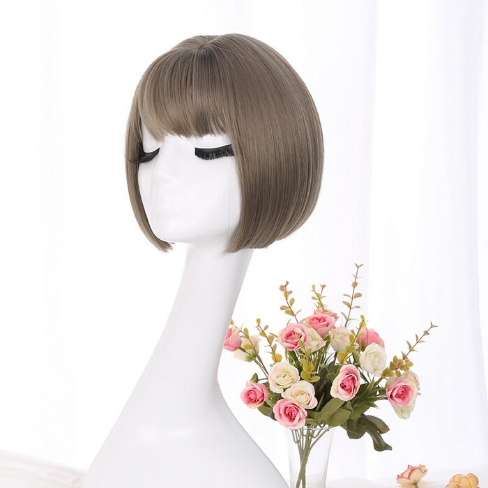 Peluca recta con corte Bob estilo coreano Yiyaobess, con flequillo, pelo sintético Natural, pelucas para mujer cortas de color marrón, negro, lino, gris, azul y Rubio: linen grey highlight