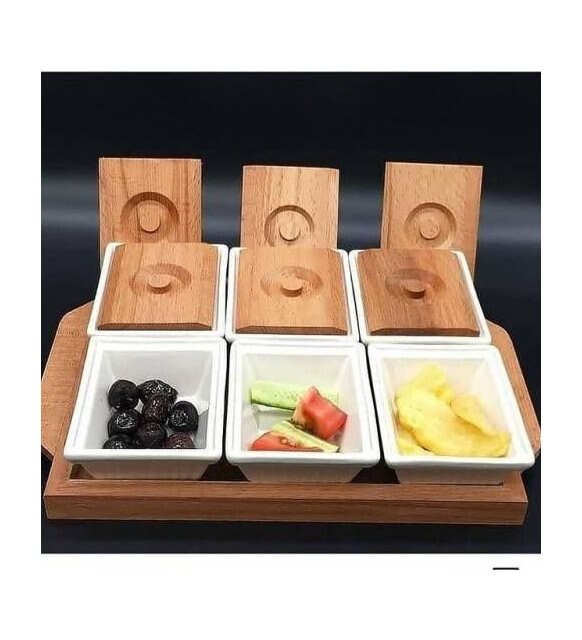 Ceramic Snack Serving Tray 6-Compartment Tray Serving Platter with Bamboo Lid and Pallets,Moisture-proof Bowls for Food,Snacks