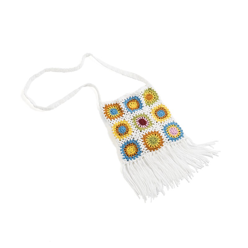 Mabula handgewebte baumwoll-Mini-umhängetaschen für mädchen, gestrickte blumenquasten, stylische schultertasche, kleine handytaschen für damen: Beige