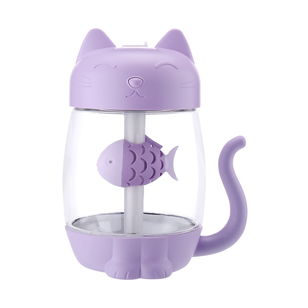 3 in 1 350ML USB Cat Air Humidifier Ultrasonic Cool-Mist Adorable Mini Humidifier With LED Light Mini USB Fan for Home office: Lavender