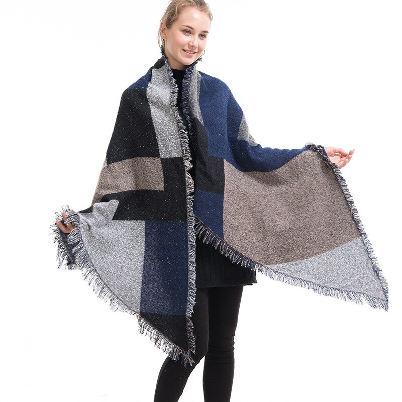 Pashmina de para mujer, bufanda gruesa para invierno, pañuelo a cuadros Reversible, mantón de capa envoltura, manta, Poncho cálido HO950750: blue